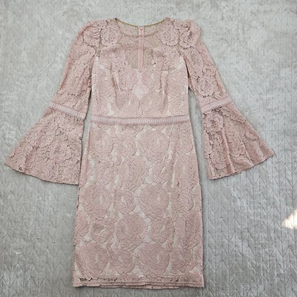 Tadashi Shoji Dress Womens 10 Pink Lace Bell Sleeve Sheath AVV17735M Cocktail - Picture 1 of 8